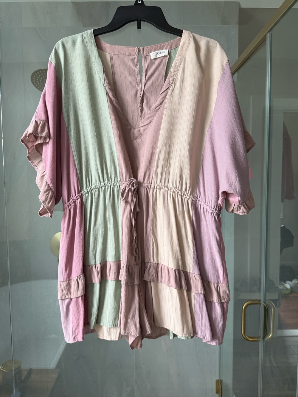 STORIA V-Neck Romper Sz L Drawstring Waist Ruffled Pastel Stripes